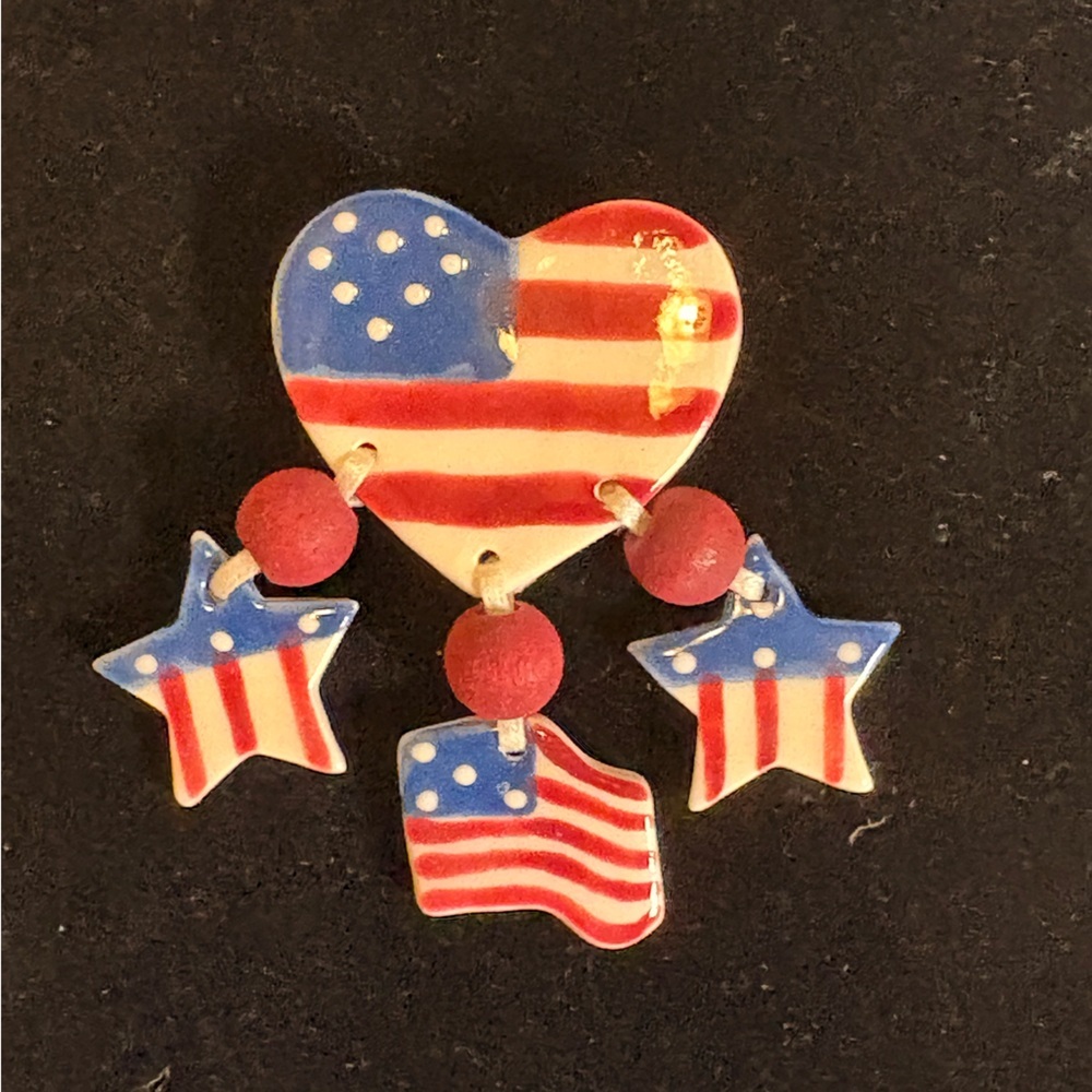 Patriotic Pottery Brooch/Pin - Red, White, and Blue Heart, Stars, and Flag